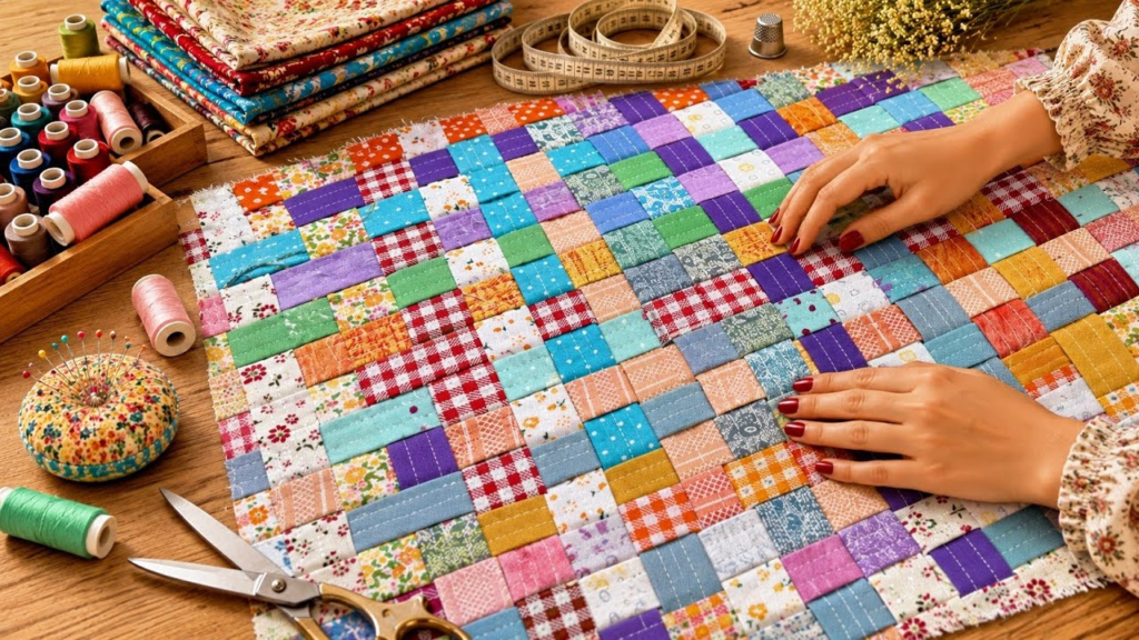 Hands weaving colorful fabric strips into a patchwork quilt pattern surrounded by sewing supplies, showcasing analog crafts to do instead of scrolling.   