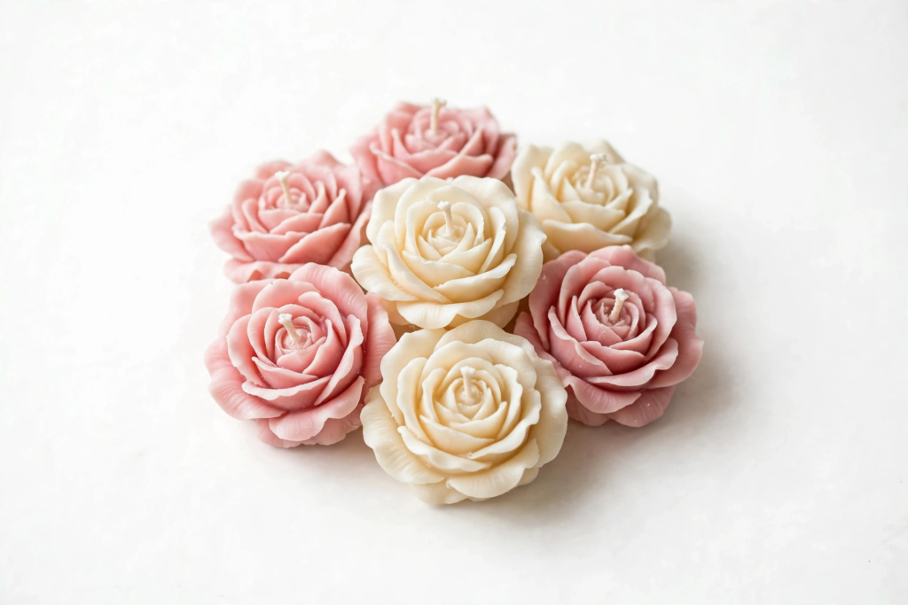 A cluster of handmade rose-shaped wax candles in dusty pink and cream on a white surface, showcasing analog crafts to do instead of scrolling.   
