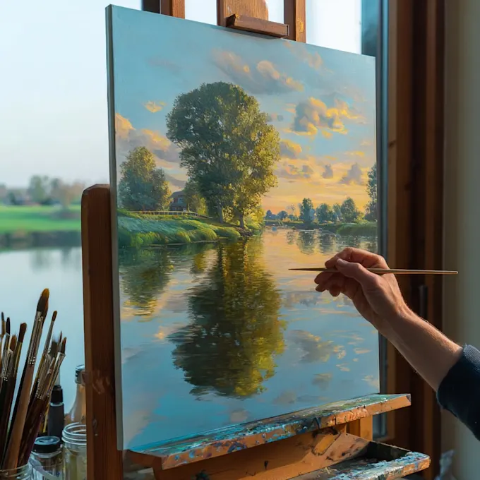 Hand holding a fine paintbrush painting a serene river landscape at sunset on an easel by a window, showcasing analog crafts to do instead of scrolling.   