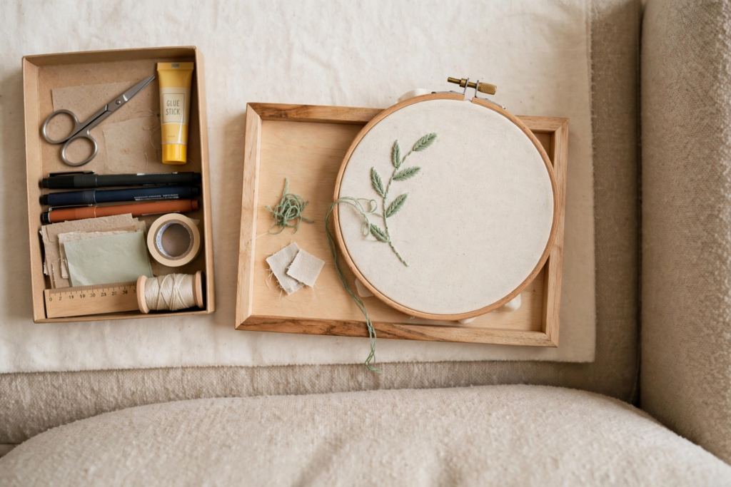 An embroidery hoop with a green stitched leafy branch on a wooden tray beside crafting tools, showcasing analog crafts to do instead of scrolling.   