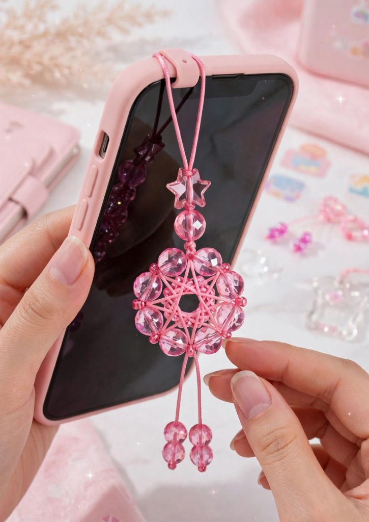 25 Craft Ideas for Teens That Are Actually Cool Handmade pink beaded dreamcatcher phone charm attached to a smartphone case, featuring craft ideas for teens.