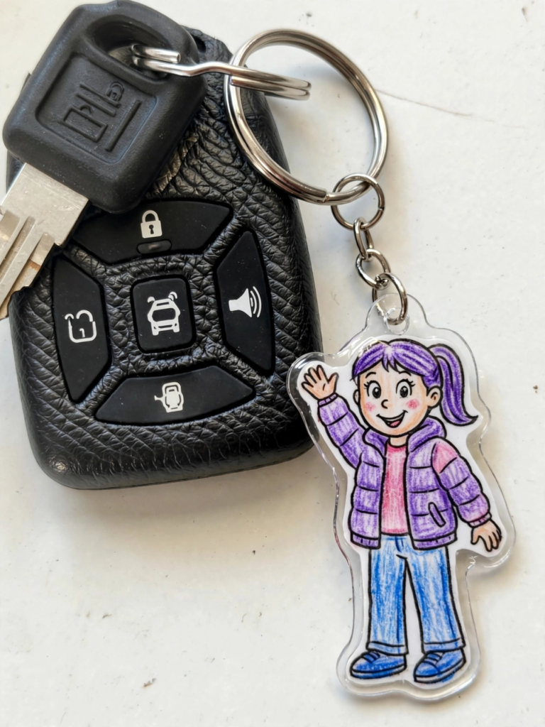25 Craft Ideas for Teens That Are Actually Cool Handmade shrink plastic cartoon girl keychain attached to a car key fob, showing fun craft ideas for teens.