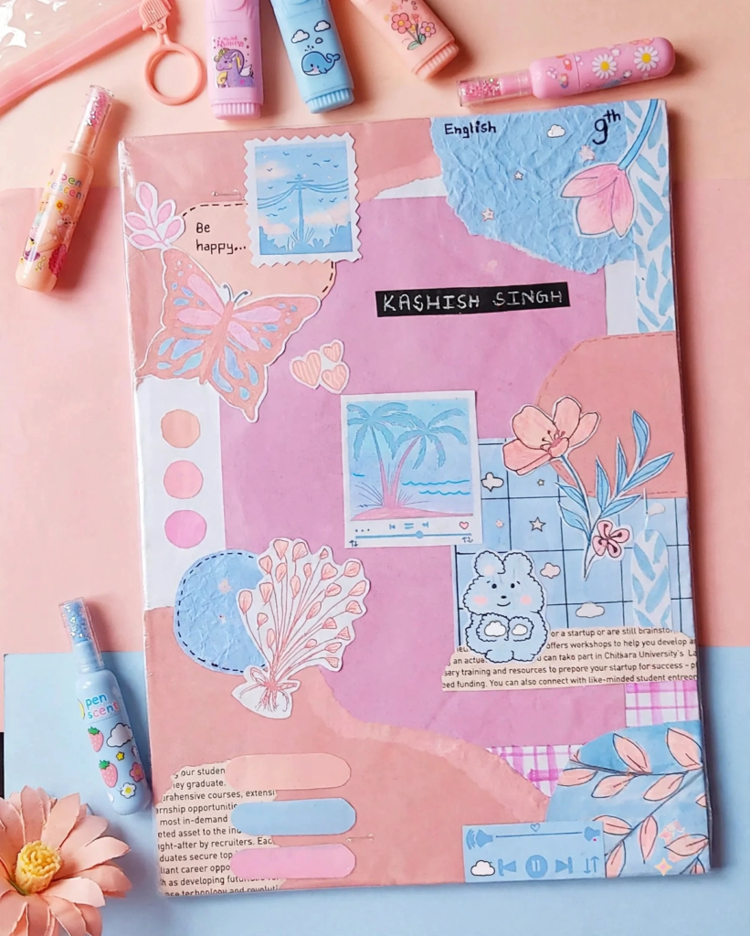 25 Craft Ideas for Teens That Are Actually Cool Handmade aesthetic pastel collage notebook cover decoration, presenting cute craft ideas for teens.