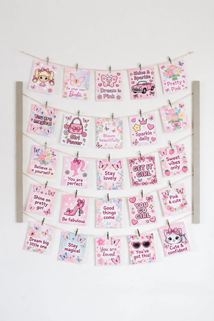 25 Craft Ideas for Teens That Are Actually Cool Handmade pink aesthetic wall hanging photo garland with motivational cards, showcasing bedroom craft ideas for teens.