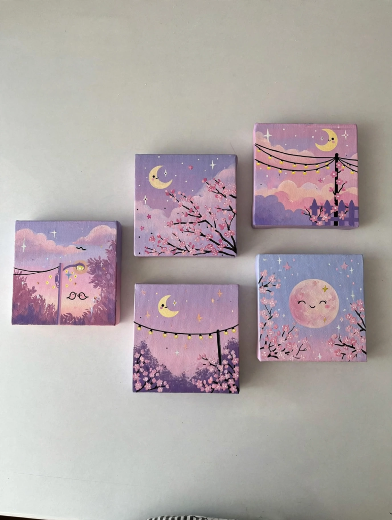 Set of five mini square canvas paintings featuring pastel purple night sky scenes with cherry blossoms, ideal craft ideas for teens[cite: 9].