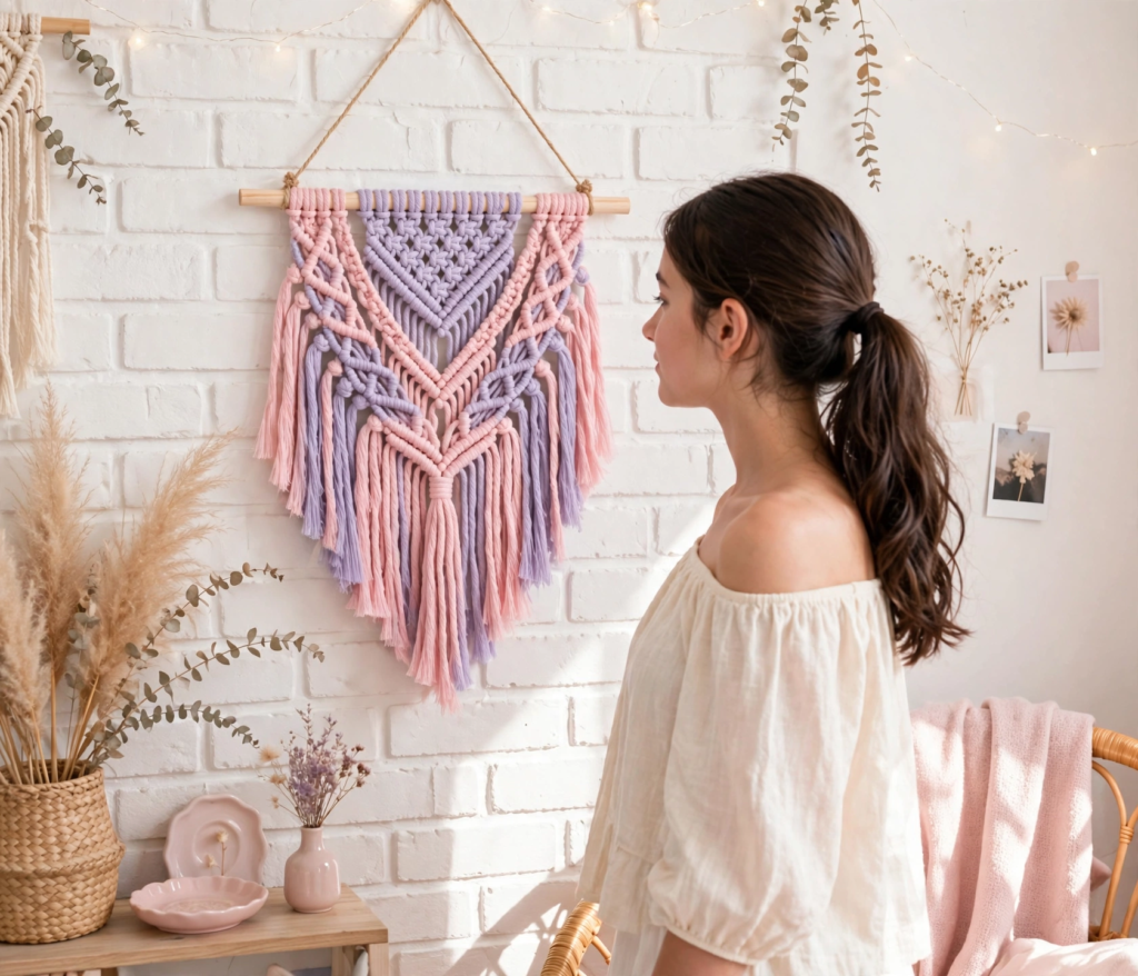 Handmade pink and purple bohemian macrame wall hanging on a white brick wall, inspiring craft ideas for teens[cite: 11].