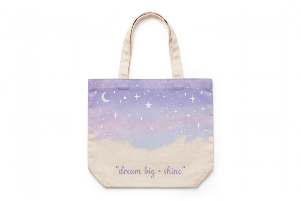 Handmade painted canvas tote bag with a pastel purple starry night sky and quote, featuring easy craft ideas for teens[cite: 12].