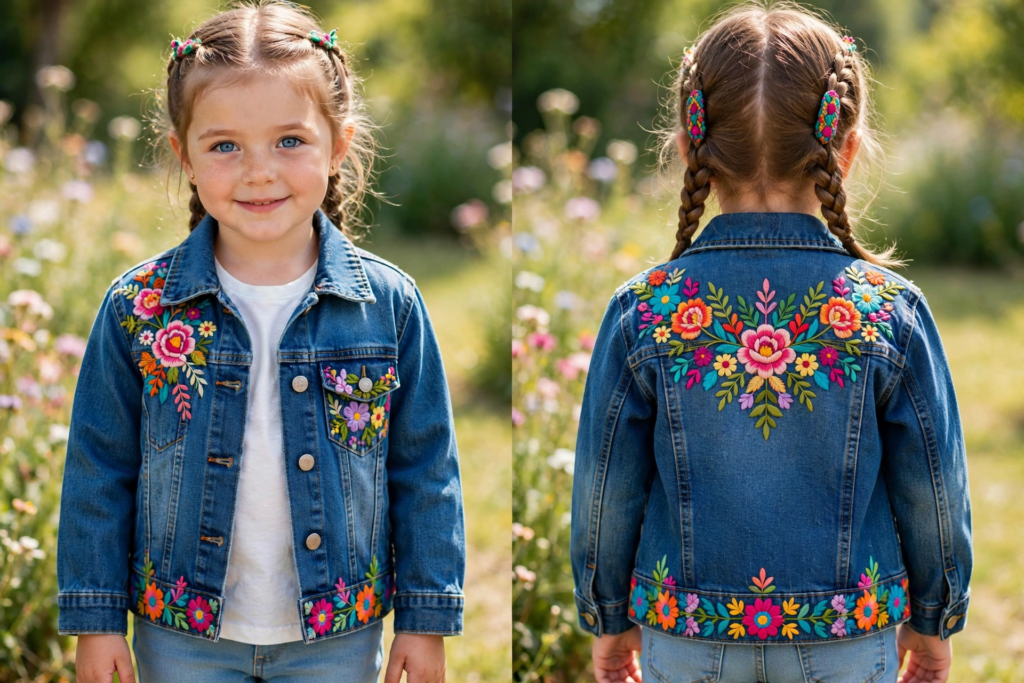 Hand-embroidered denim jacket with vibrant floral patterns on the front and back, featuring DIY craft ideas for teens[cite: 13].