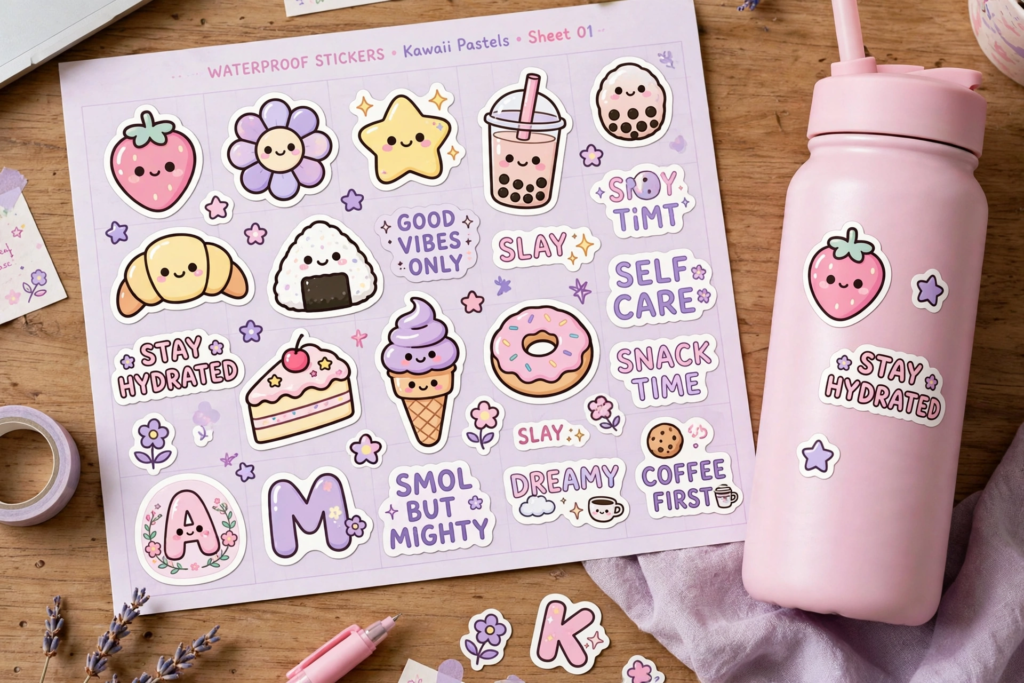 Handmade kawaii pastel waterproof stickers decorating a pink water bottle, showcasing fun craft ideas for teens[cite: 15].
