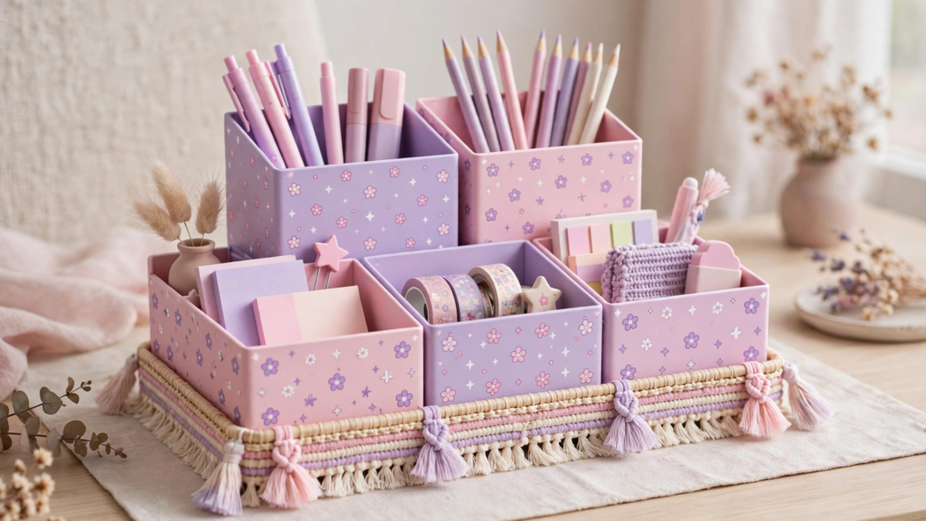 Handmade pastel pink and purple floral desk organizer tray with stationery, showing functional craft ideas for teens[cite: 16].