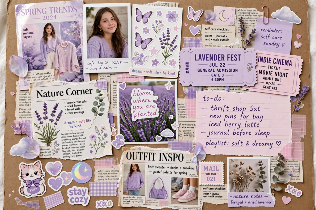 Handmade purple lavender aesthetic mood board collage on cardboard, showcasing creative craft ideas for teens[cite: 18].