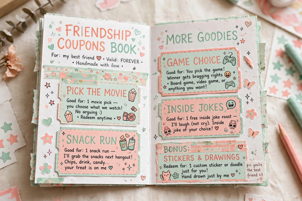 Handmade DIY friendship coupons book with cute illustrated vouchers, representing thoughtful craft ideas for teens[cite: 19].