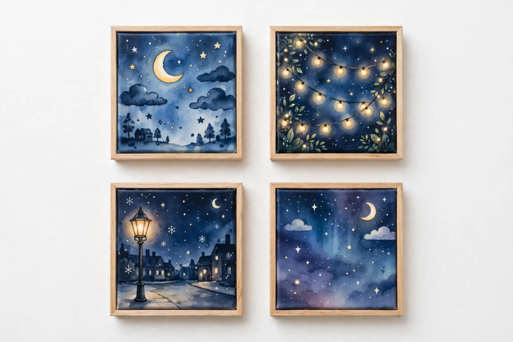 25 Craft Ideas for Teens That Are Actually Cool Set of four framed watercolor mini canvas paintings showing cozy starry night scenes, showcasing craft ideas for teens