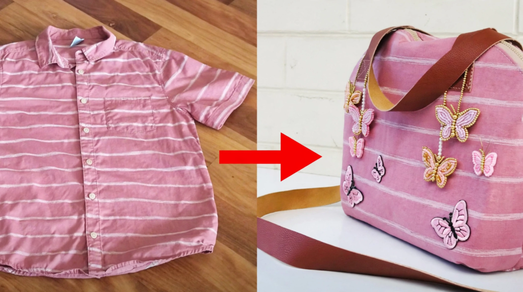 Old striped shirt upcycled into a pink shoulder bag with butterfly embellishments, showing creative craft ideas for teens[cite: 22].
