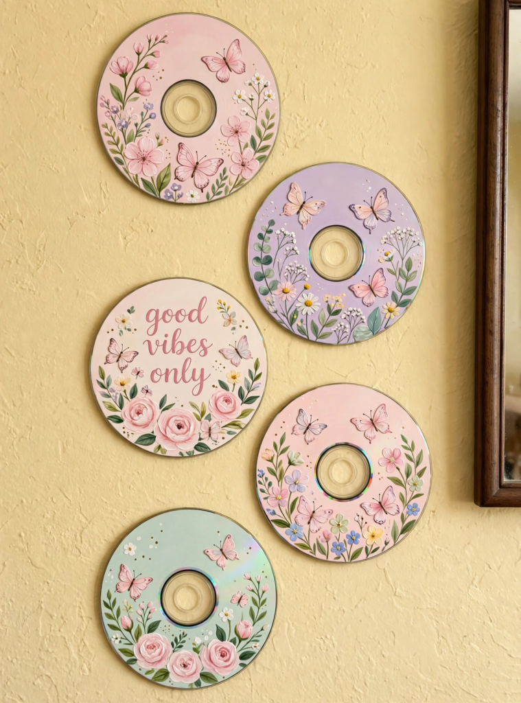 Handmade painted CD wall art featuring pastel floral and butterfly designs, showcasing creative craft ideas for teens[cite: 24].