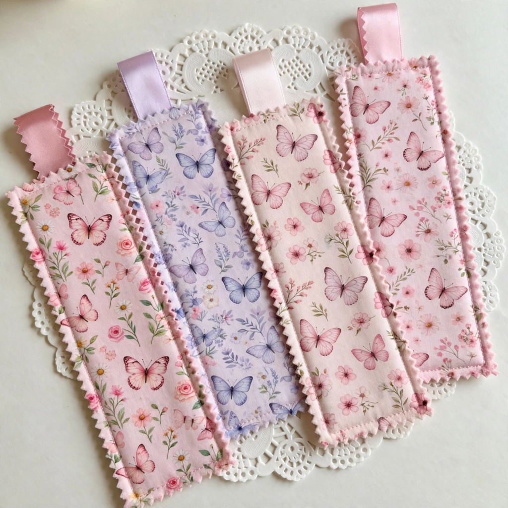25 Craft Ideas for Teens That Are Actually Cool Handmade floral and butterfly fabric bookmarks with ribbon tabs, showcasing easy sewing craft ideas for teens