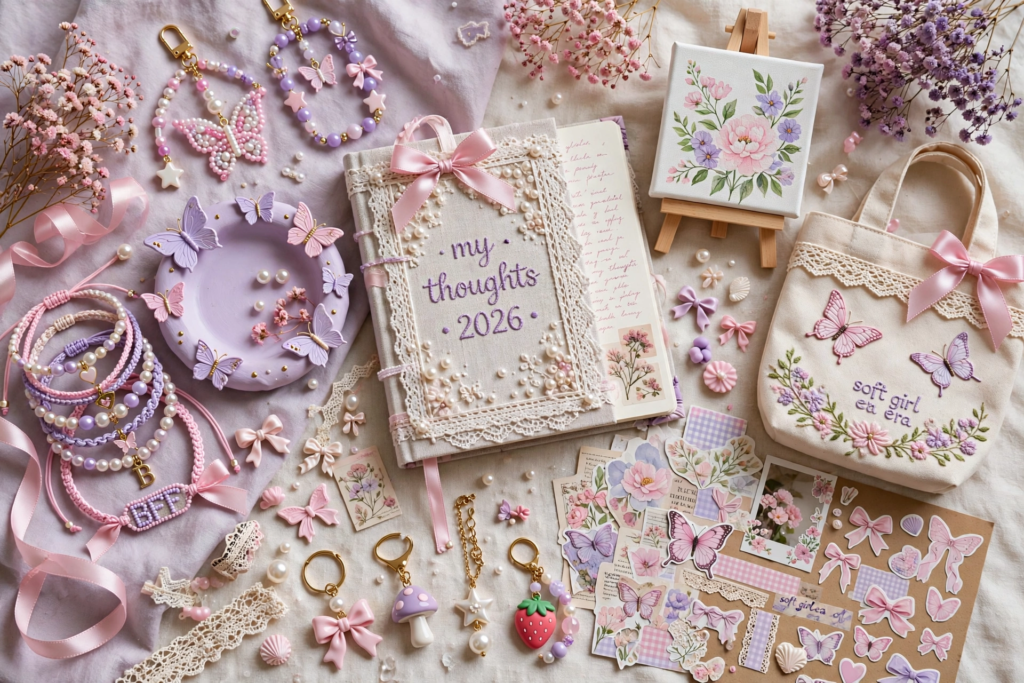 25 Craft Ideas for Teens That Are Actually Cool Flat lay of pastel aesthetic DIY projects including journals, beaded jewelry, keychains, and trinket dishes, featuring creative craft ideas for teens