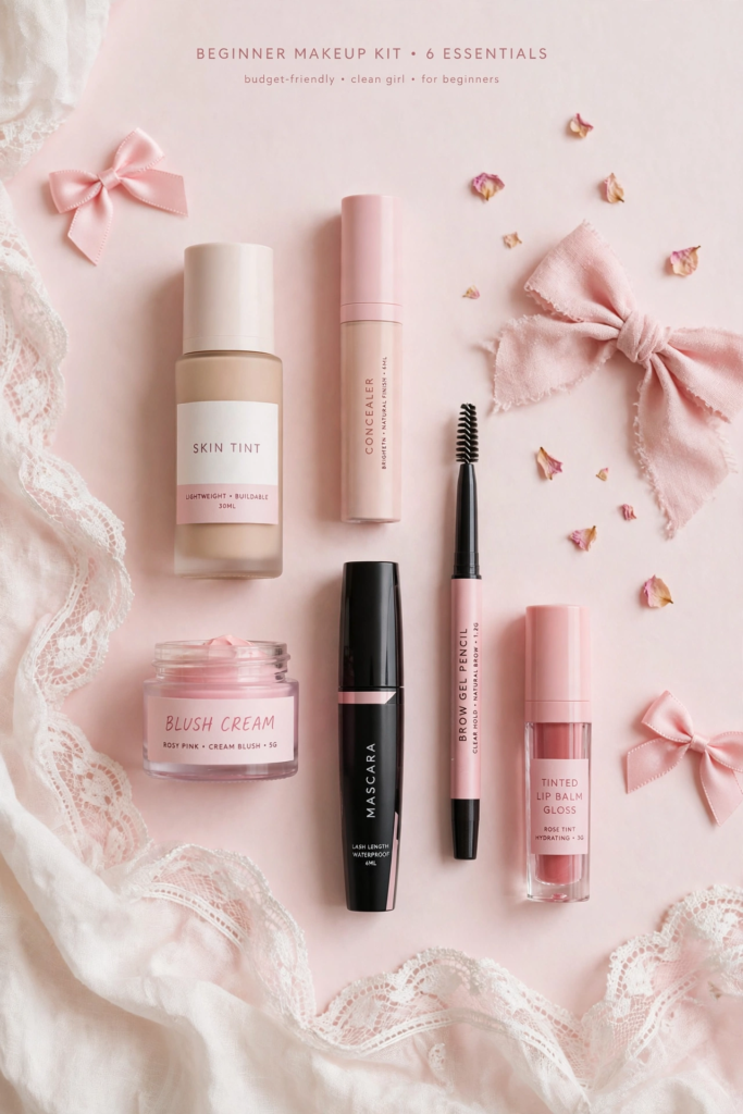 6 essential products for a beginner makeup kit on a budget, including skin tint, concealer, blush cream, mascara, brow pencil, and tinted lip balm.   