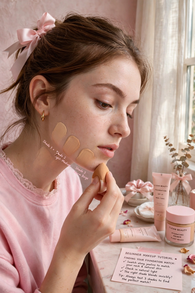 Woman swatching three foundation shades along her jawline to learn how to find foundation shade for beginners using a makeup sponge.   