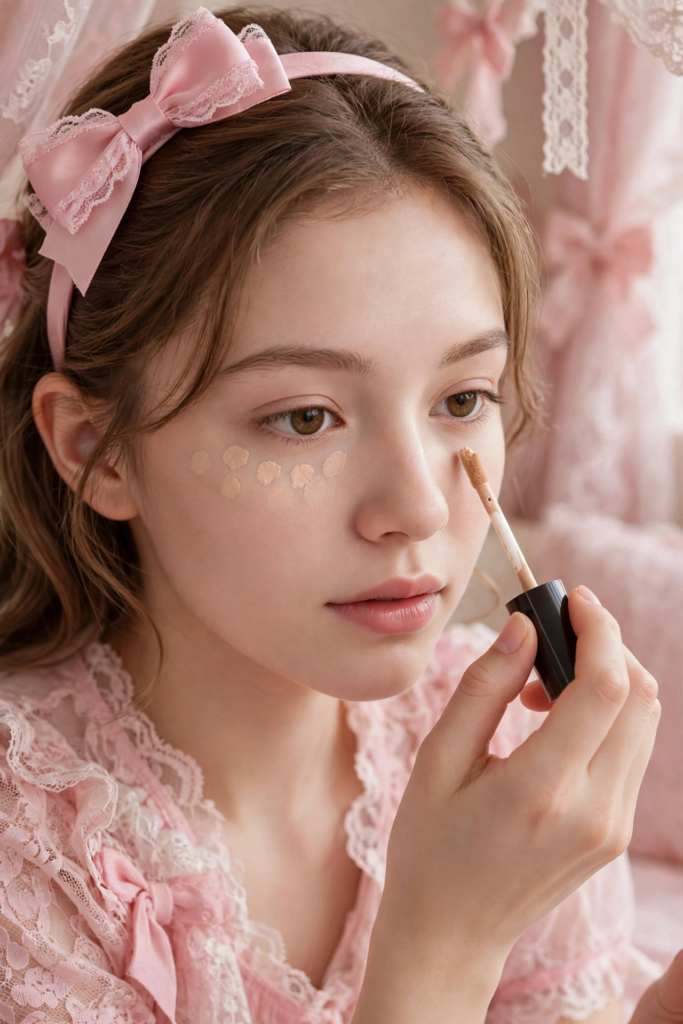 Young woman demonstrating how to apply concealer for beginners by dotting liquid concealer under the eyes with an applicator wand.   