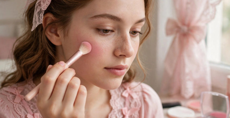 Young woman demonstrating how to apply blush for beginners using a fluffy makeup brush on the apple of her cheek.