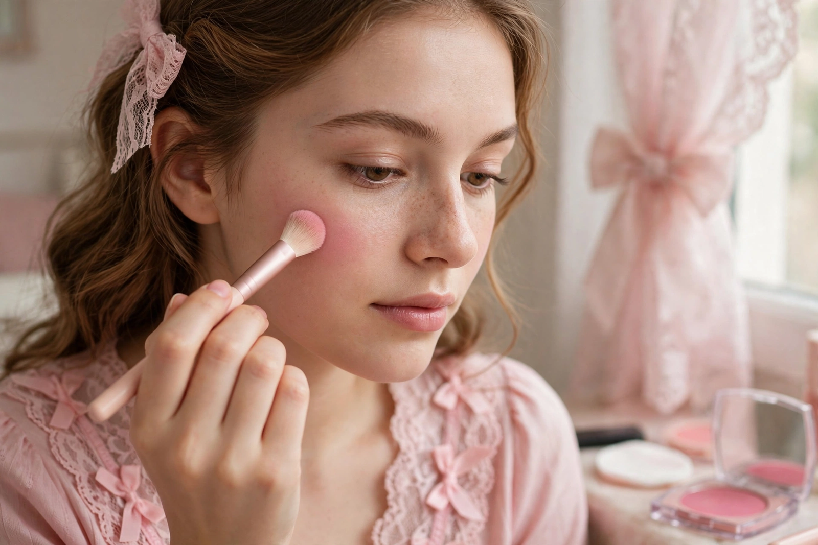 Young woman demonstrating how to apply blush for beginners using a fluffy makeup brush on the apple of her cheek.