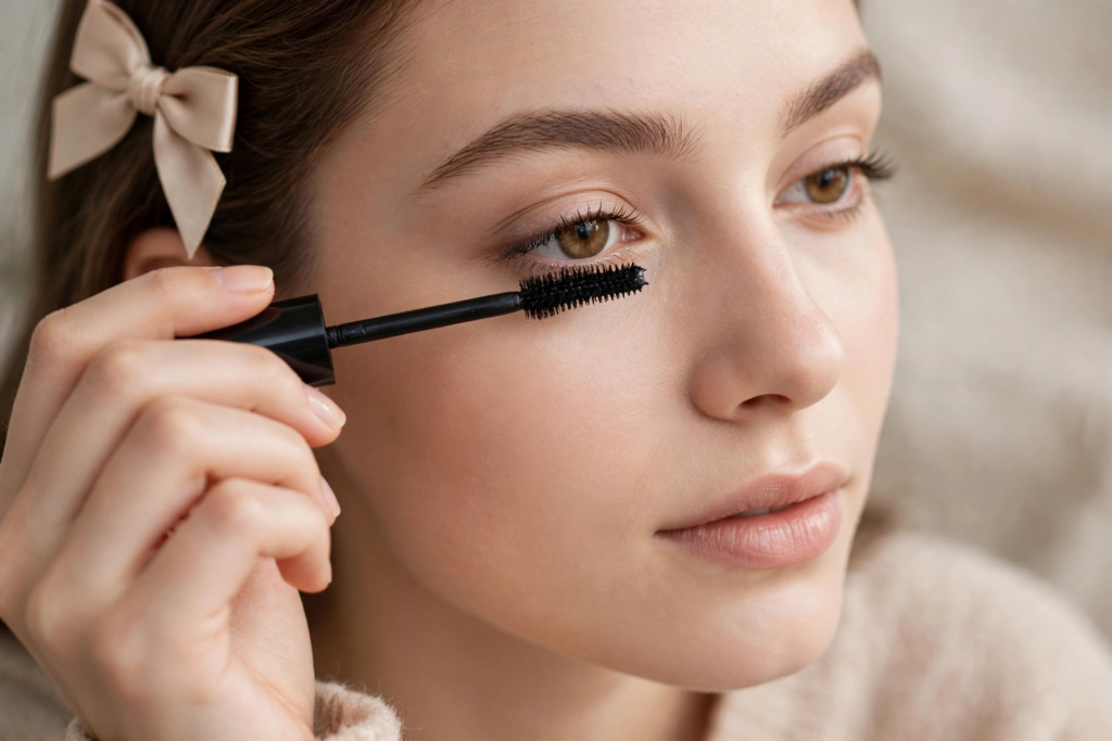 Woman demonstrating how to apply mascara for beginners by coating upper eyelashes with a black wand applicator.   