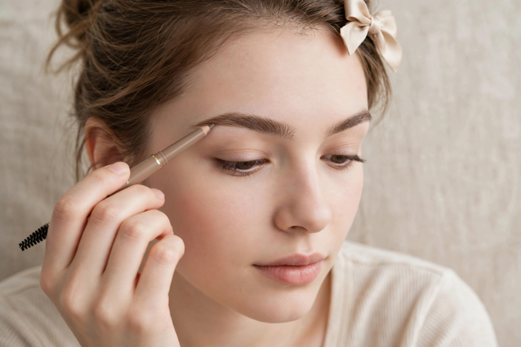 Woman demonstrating how to fill in eyebrows for beginners by shaping the arch with a dual-ended eyebrow pencil.   