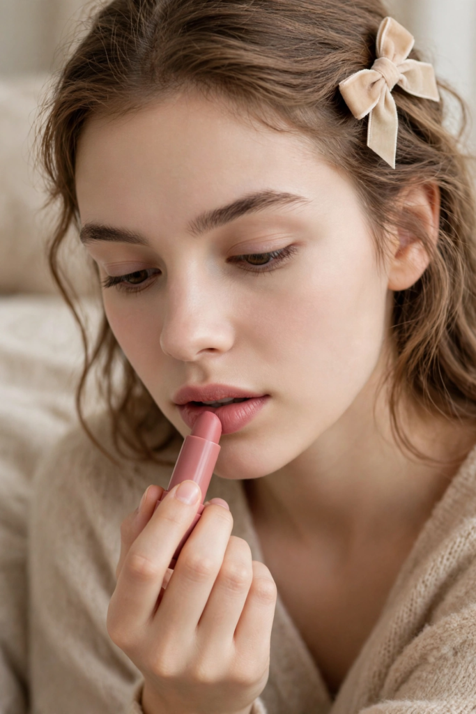 Woman demonstrating how to apply lipstick for beginners by swiping a soft rosy nude lipstick across her lips.   