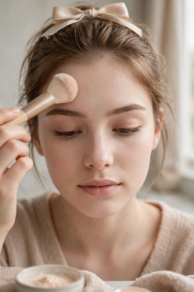 Woman demonstrating how to apply setting powder for beginners using a fluffy powder brush across her forehead.   