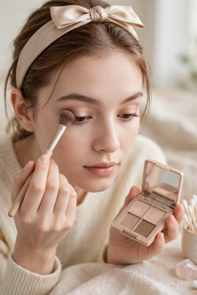 Woman demonstrating how to apply eyeshadow for beginners using a fluffy blending brush and a neutral four-pan palette.   