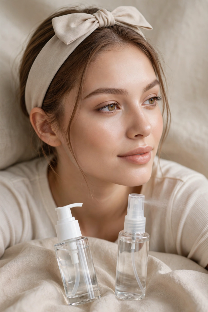 Woman with fresh, glowing skin demonstrating how to use setting spray for beginners to lock in a completed makeup look.   