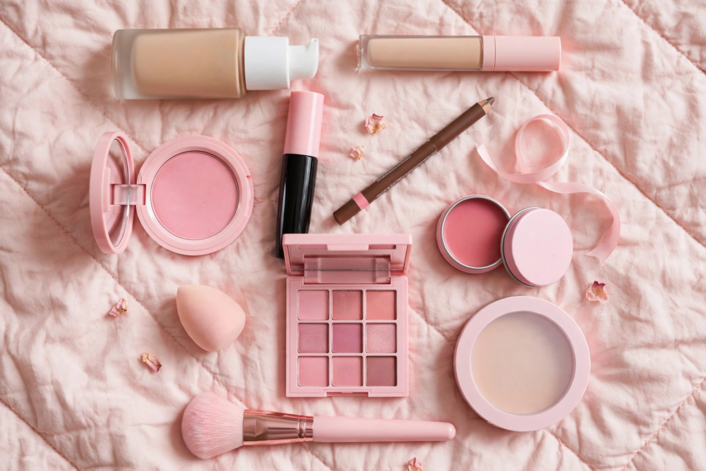 Complete beginner makeup kit on a budget featuring foundation, concealer, eyeshadow palette, blush, powder, and makeup brushes on pink quilted fabric.   