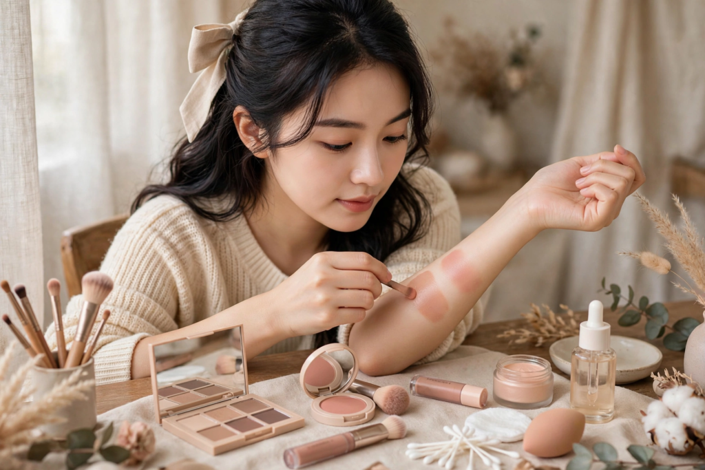 Woman demonstrating how to swatch makeup for beginners by testing blush shades on her arm using a small makeup brush.   