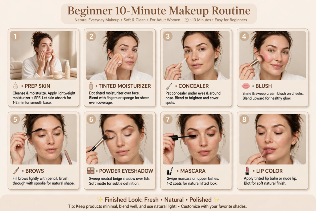 8-step guide showing an easy makeup routine for beginners covering skin prep, tinted moisturizer, concealer, blush, brows, eyeshadow, mascara, and lips.   