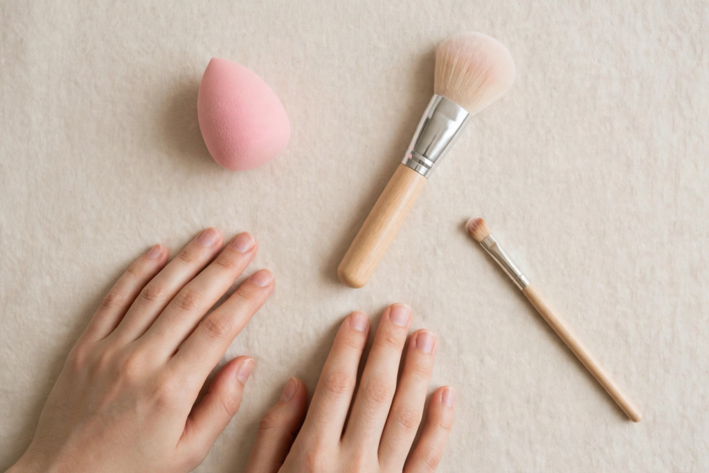 Essential makeup brushes for beginners laid out with a pink beauty blending sponge, powder brush, and small eyeshadow brush on a beige background.   