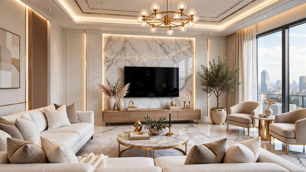 Modern luxury home decor featuring a marble accent wall, warm cove lighting, and cream sectional seating in an elegant living room.