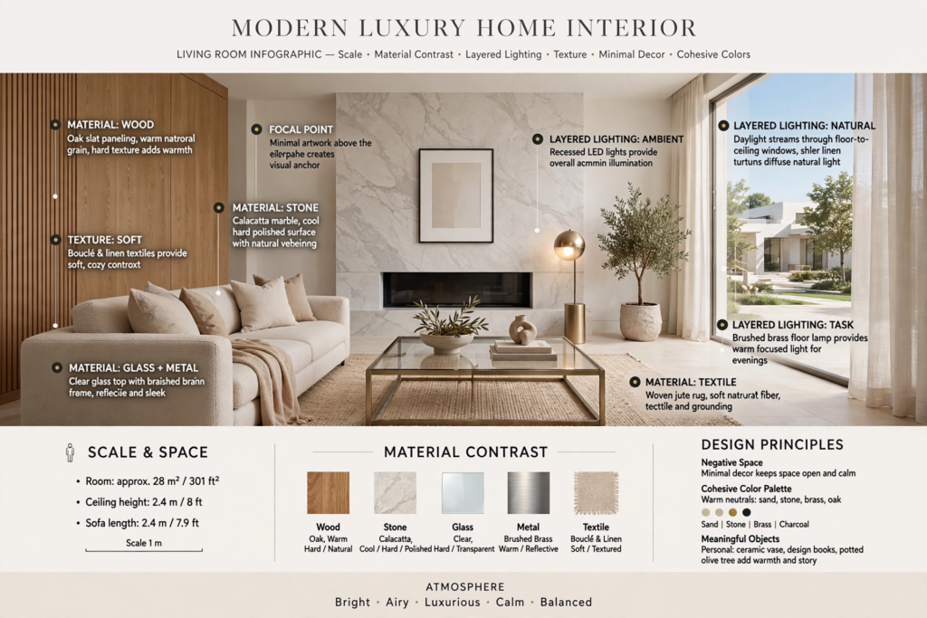 Modern luxury home interior infographic breaking down living room scale, material contrast, and layered lighting design principles.