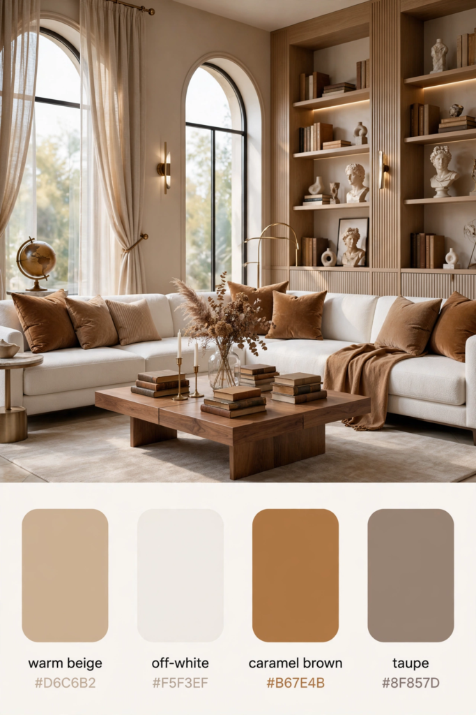 Warm neutral living room color palette featuring terracotta sectional sofa, arched windows, built-in oak bookshelves, and color swatch hex codes.