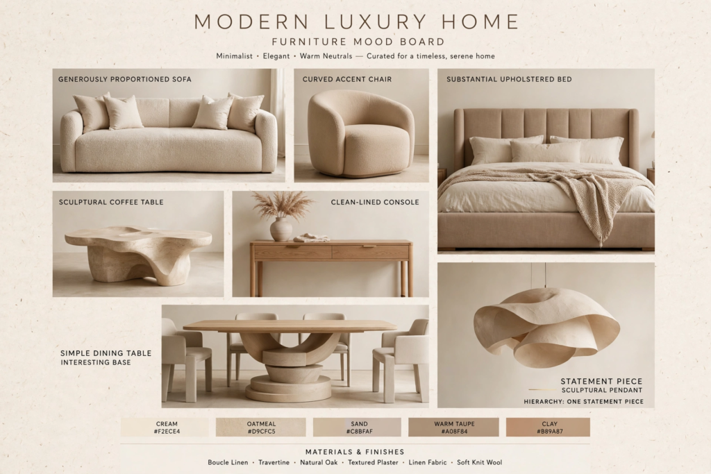 Modern luxury home furniture mood board featuring a boucle sofa, curved accent chair, upholstered bed, and organic sculptural coffee table.