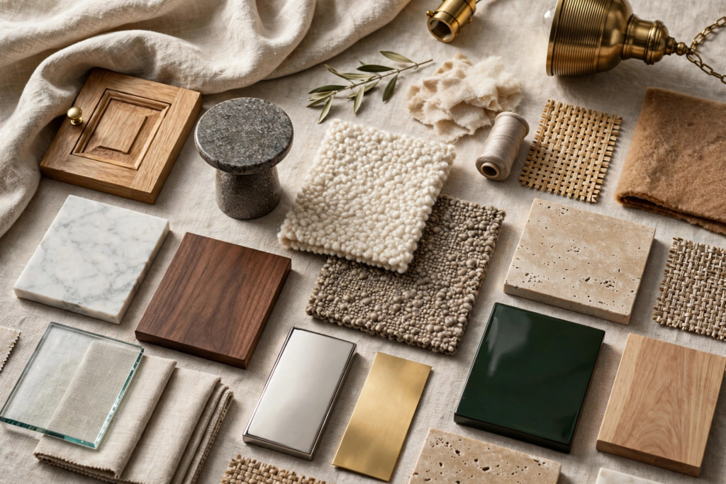 Luxury interior design material palette flat lay featuring natural wood swatches, marble tiles, boucle carpet samples, and brass accents.   