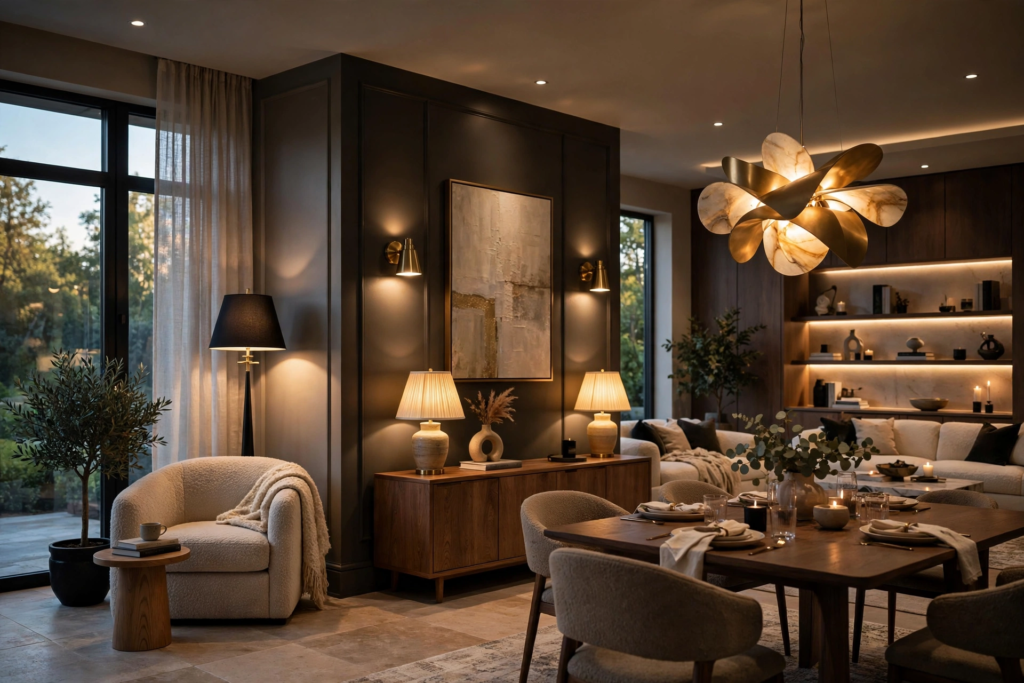 Moody luxury living and dining room featuring dark accent walls, a sculptural petal chandelier, warm table lamps, and cream boucle seating.