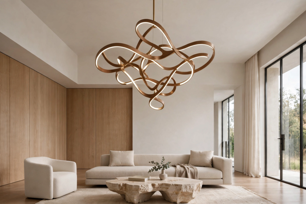 Modern luxury statement chandelier featuring an organic swirling ribbon light fixture suspended over a neutral living room.