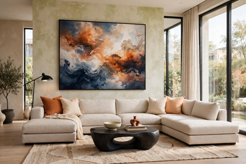 Modern luxury living room art featuring a large abstract cloud painting above a cream U-shaped sectional sofa.