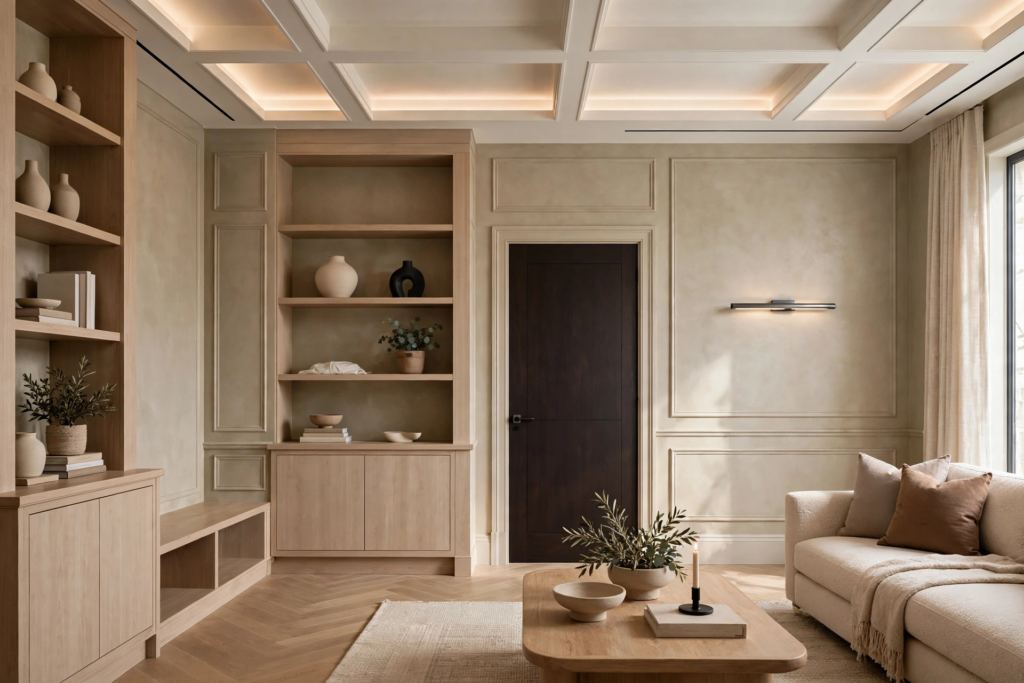 Modern luxury coffered ceiling living room featuring warm cove lighting, light oak built-in cabinetry, and herringbone wood floors.
