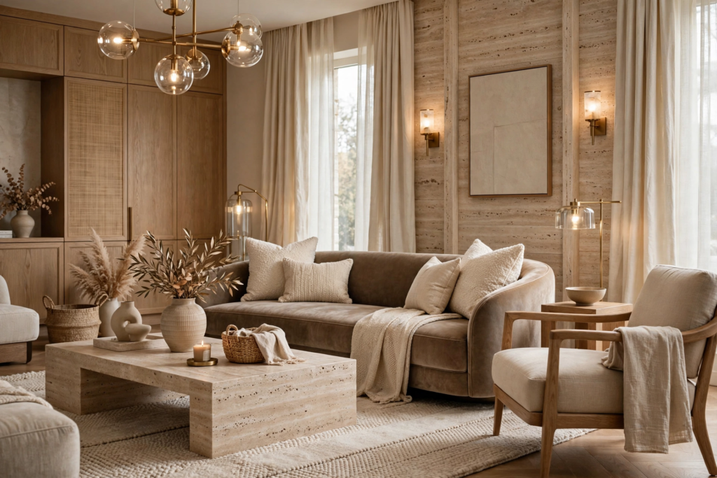 Modern luxury organic living room decor featuring a curved taupe velvet sofa, low travertine coffee table, and wood slat paneling with cane accents.
