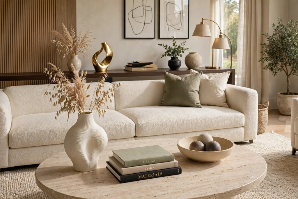 Modern luxury home decor featuring a round travertine coffee table, cream boucle sofa, fluted wood paneling, and ceramic vase styling.