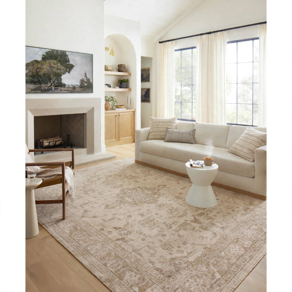 Neutral vintage area rug styling a bright living room with cream sofa, arched wall niche, and modern stone fireplace.