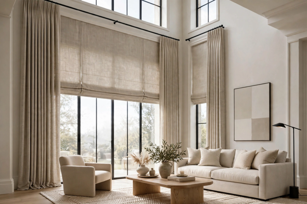 Luxury window treatments living room featuring floor-to-ceiling beige linen drapes, relaxed Roman shades, and large black metal frame windows.