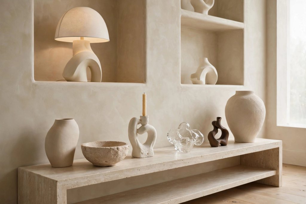 Minimalist modern luxury home decor styling with ceramic vessels, sculptural candle holder, and mushroom table lamp on a low travertine console table.